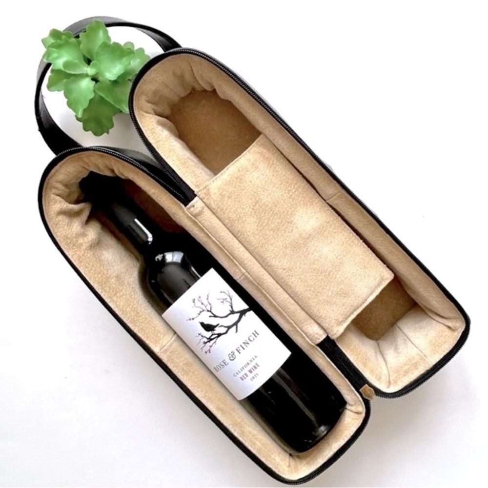 Black Leather Wine Bottle Case Bag Zippered Double Two Bottle Holder Padded